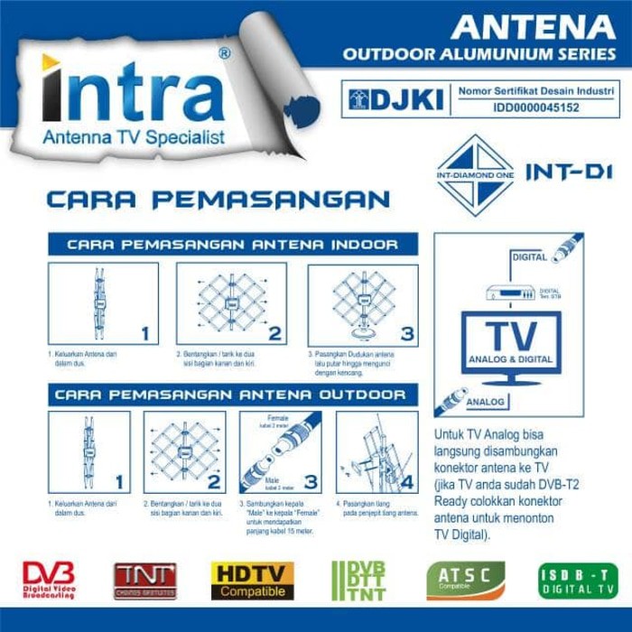 Antena Outdoor &amp; Indoor INTRA INT-D1 Analaog &amp;digital + 15m kabel