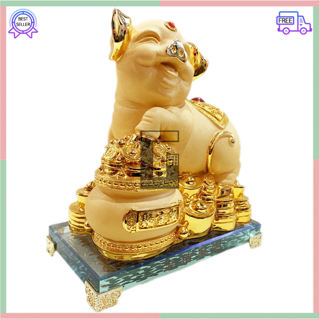 Patung Pajangan Imlek Shio Babi Yenpao Chrome Emas Gold Resin Hoki Rejeki Fengshui Lucky 12 Zodiak