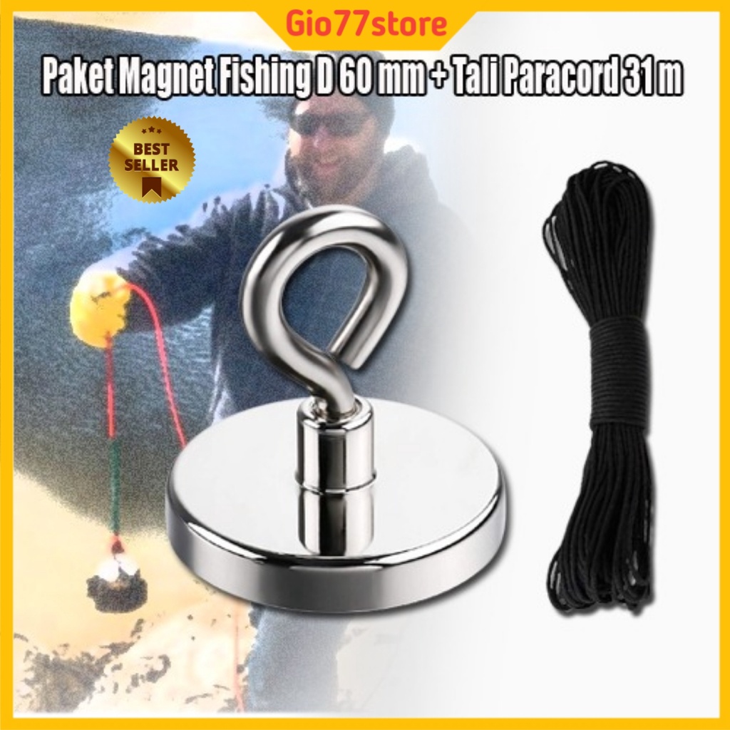 Paket Magnet Fishing D60mm Magnet Pancing Magnet Memancing Mancing Neodymium Plus Tali Paracord 31 m