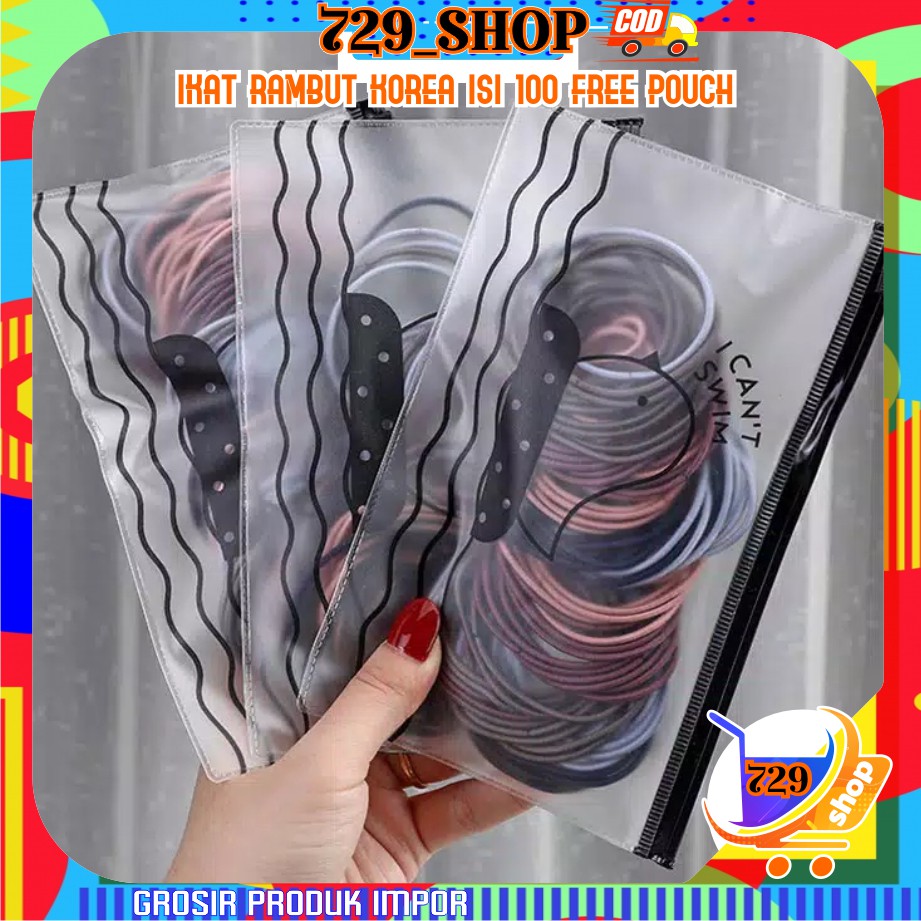 Ikat Rambut Korea I Can Swim isi 100 & 50 Pcs Warna Warni + Pouch Aksesoris Rambut-3