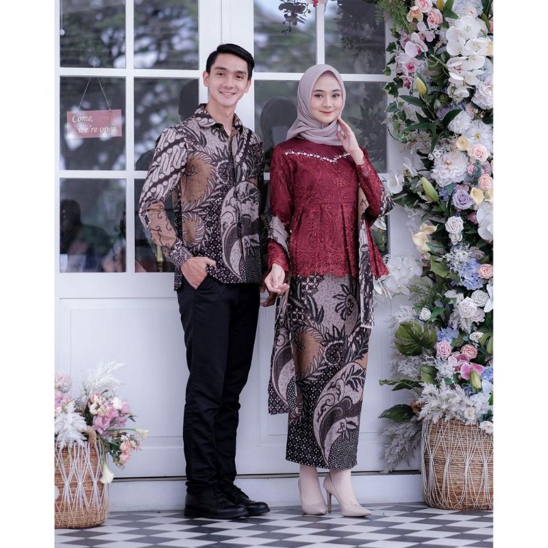 COUPLE BATIK GLENCA KEBAYA BROKAT TULLE PAYET+SELENDANG +ROK+KEMEJA PANJANG