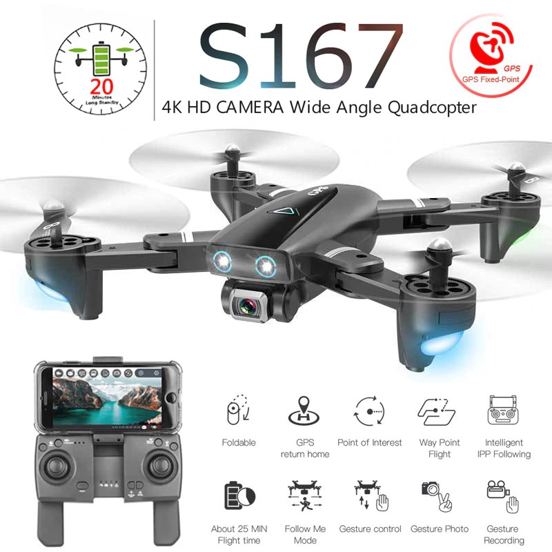 Import S167 Foldable Profissional Drone with Camera 4K HD Selfie 5G GPS  WiFi FPV Wide Angle RC