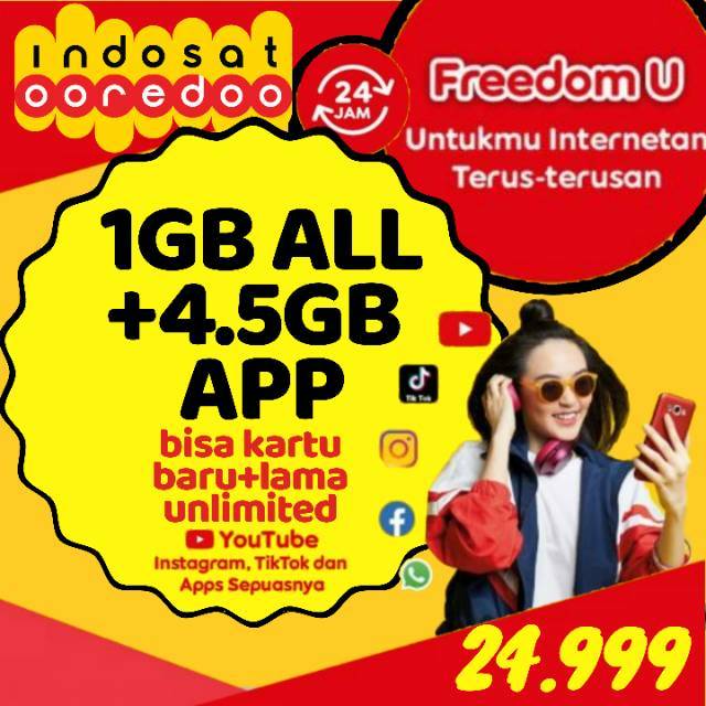 Kuota murah freedom unlimited youtube indosat ooredoo 1gb + 4.5gb app
