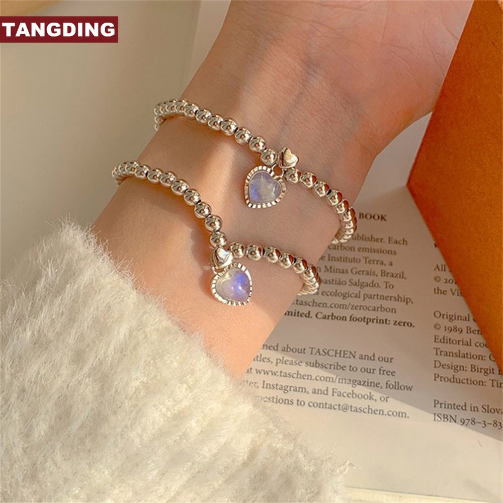 【COD Tangding】Kalung / Gelang / Cincin / Anting / Kalung Rantai Gaya Korea Aksen Batu Bulan + Hati Untuk Perhiasan Wanita