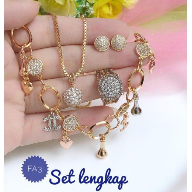 (APR) TERMURAH Set Perhiasan Lapis Emas Xuping Gelang Love Chanel Kalung Anting Cincin Gold Titanium