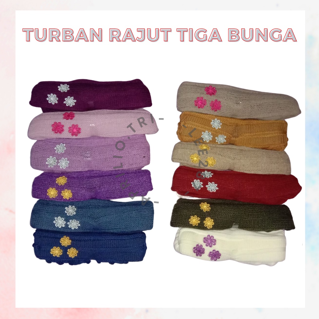 Turban Rajut Murah / Kerpus Model Tiga Bunga /  Kerpus Nenek / Kerpus Bahan Rajut / Kupluk Ibu / Tur