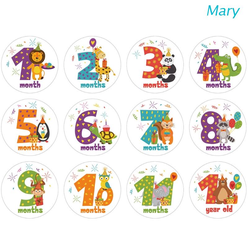 Mary 12pcs / Set Stiker Peringatan Bulanan Bayi Motif Kartun Hewan Untuk Properti Fotografi