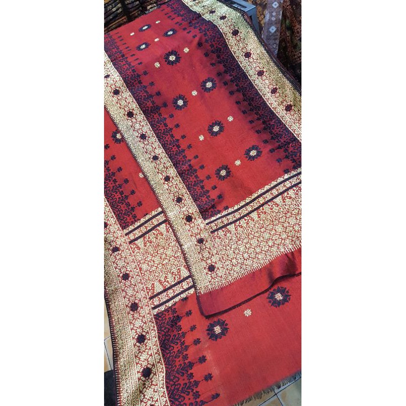 Songket palembang asli sutra 2 helai cantik manis maroon rakam hitam mawar pucuk rebung kristal gold