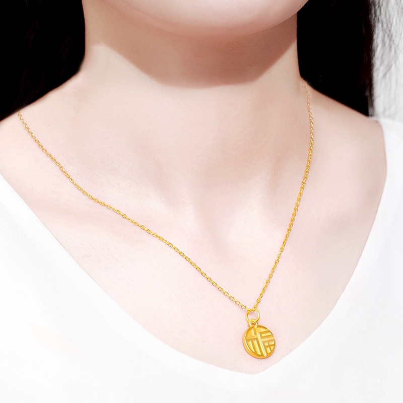 [Ready Stock]Fashion Gold-Plated Fu Character round Plate Pendant Necklace