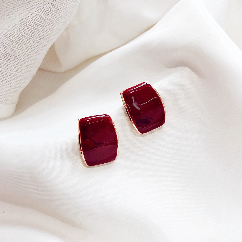 Anting Bentuk Kotak Geometris Burgundy Untuk Wanita Aksesoris vintage Korea