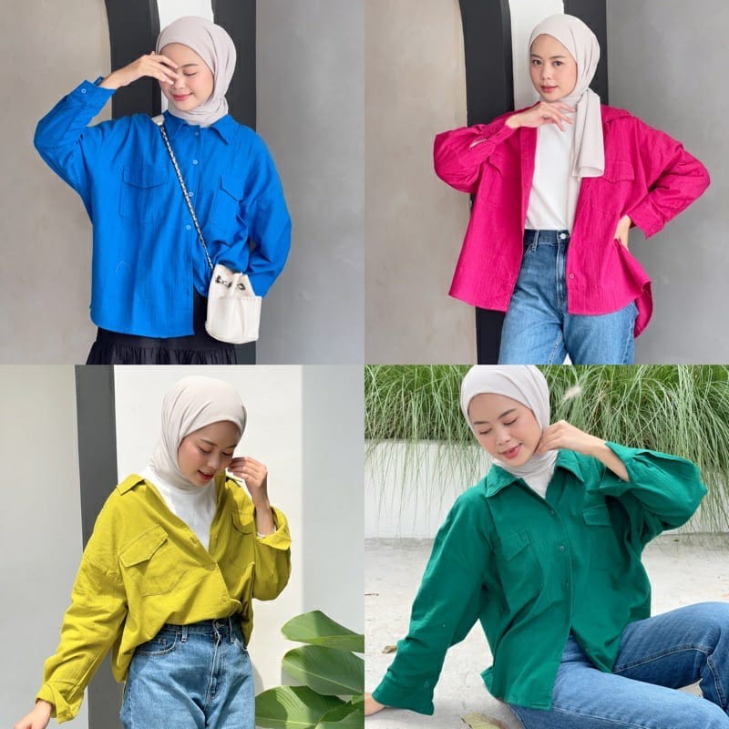 Tq88indonesia Fashion Kemeja Wanita Lengan panjang Terbaru / Clover Pocket CRINCLE Shirt / Kem / Hem Polos / Busana Casual Wanita / Ootd / Outfit Kasual Kekinian