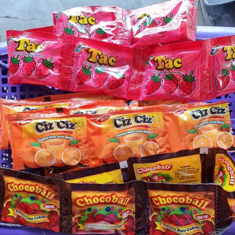 

Permen Tac, Ciz ciz, Chocoball dan Bolala1renteng 10bks