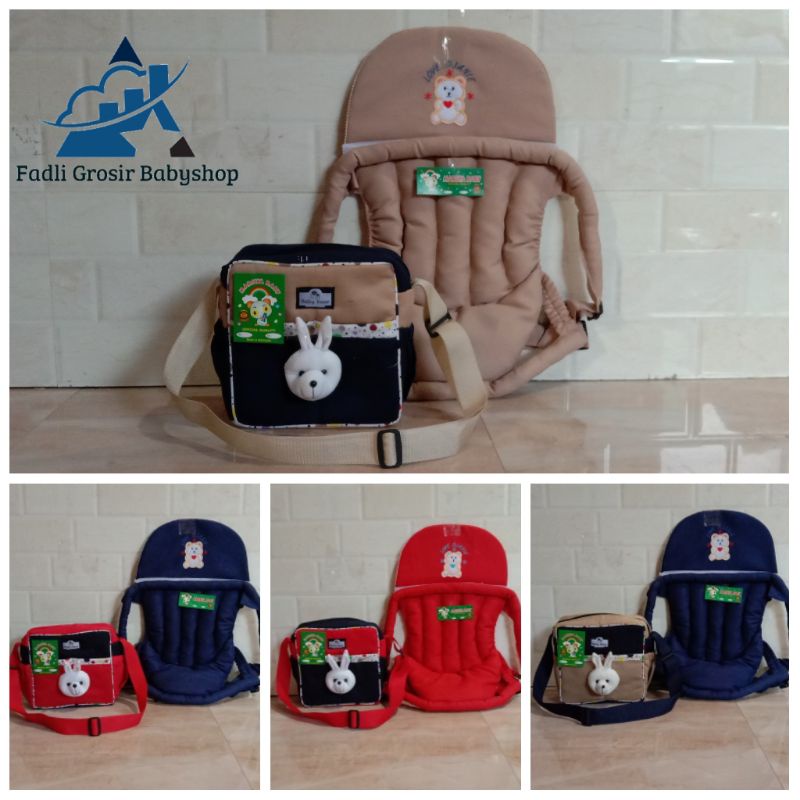 Paket Hemat ( 2 In 1 ) Tas Bayi Strip Boneka Dan Gendongan Bayi Depan Topi Bordir