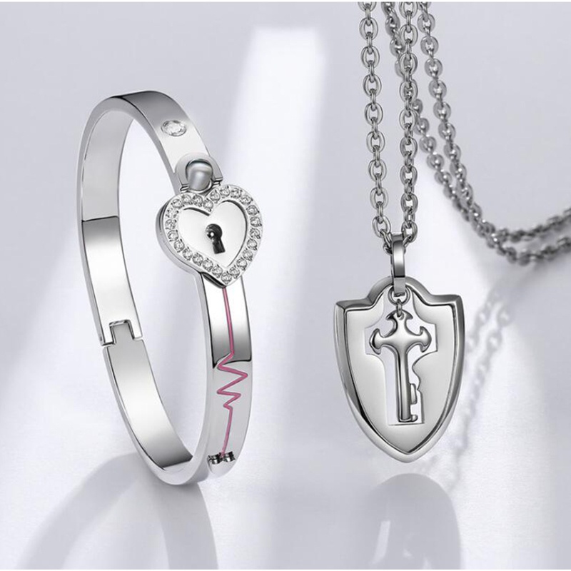 SIY  Couple Lovers Puzzle Jewelry Gift Titanium Steel Love Heart Lock Bangle + Key Pendant Necklace Set