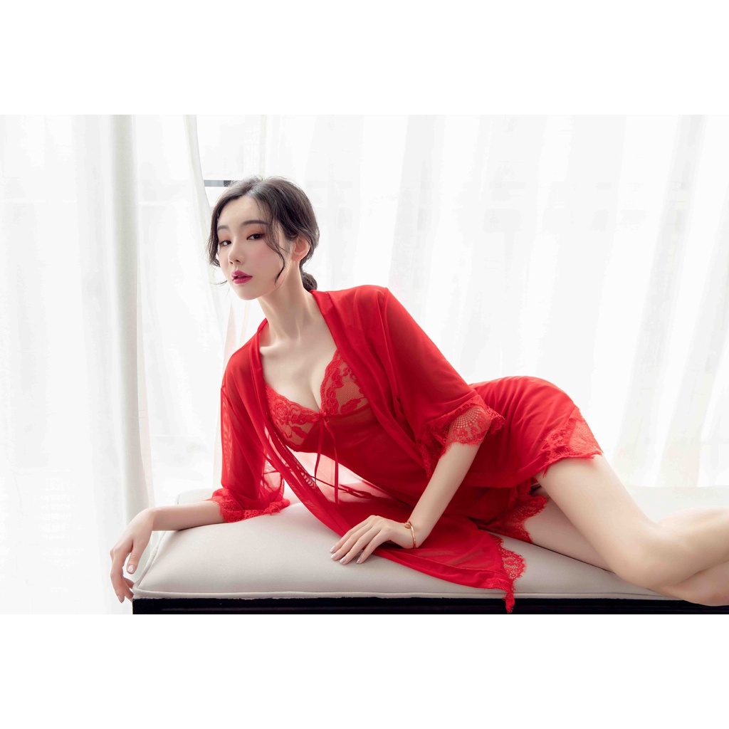 ORANGE ADULT Lingerie Seksi Baju Tidur Lace Seksi Lingerie Sexy Gaun Malam Seksi Lapisan Luar + Dalam - Merah1281