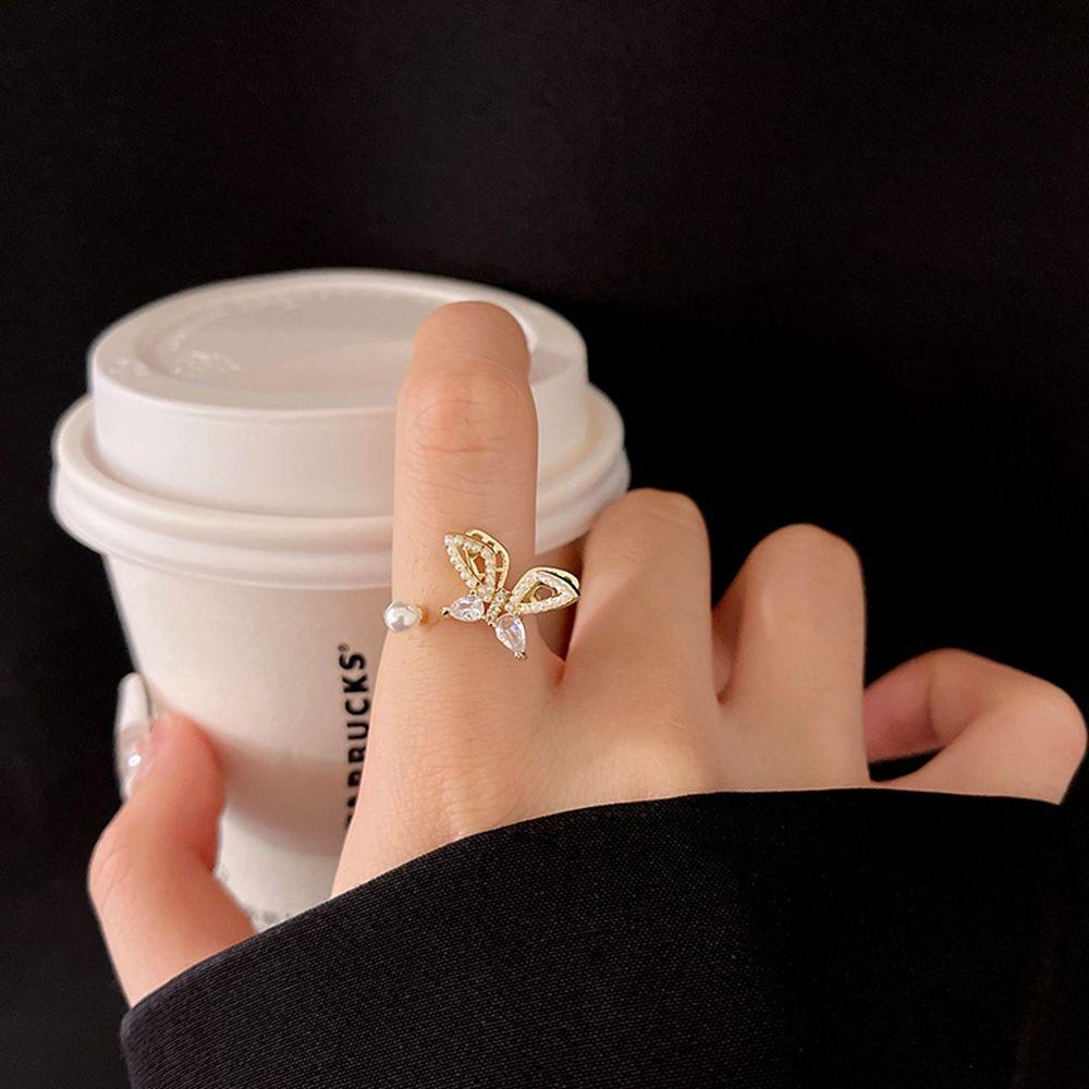 Mxbeauty Kupu-Kupu Cincin Kepribadian Mutiara Sederhana Mahkota Opal Wanita Jari Cincin Zirkon Perempuan Terbuka Cincin