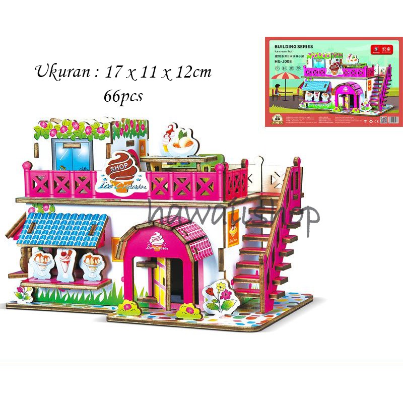 Hawaii Shop Puzzle 3D DIY bahan kayu ICE CREAM HUT mainan puzzle edukasi anak (kado &amp; pajangan)