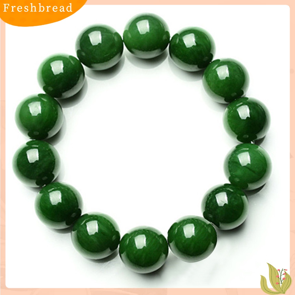 ?Fresh?? Gelang Tangan Unisex Manik Giok Imitasi Bulat Hijau Tua Elastis 10mm