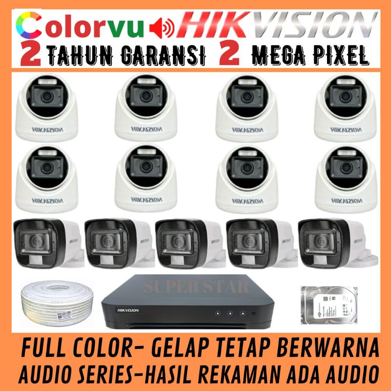 PAKET CCTV COLORVU HIKVISION 16 CHANNEL 13 KAMERA 2MP AUDIO FULL COLOR