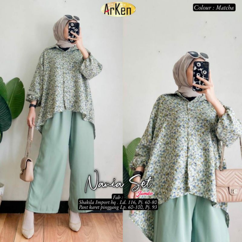 Nania Set jumbo / Monic Set by ARKEN one set setelan celana wanita motif bunga floral kecil mix polo