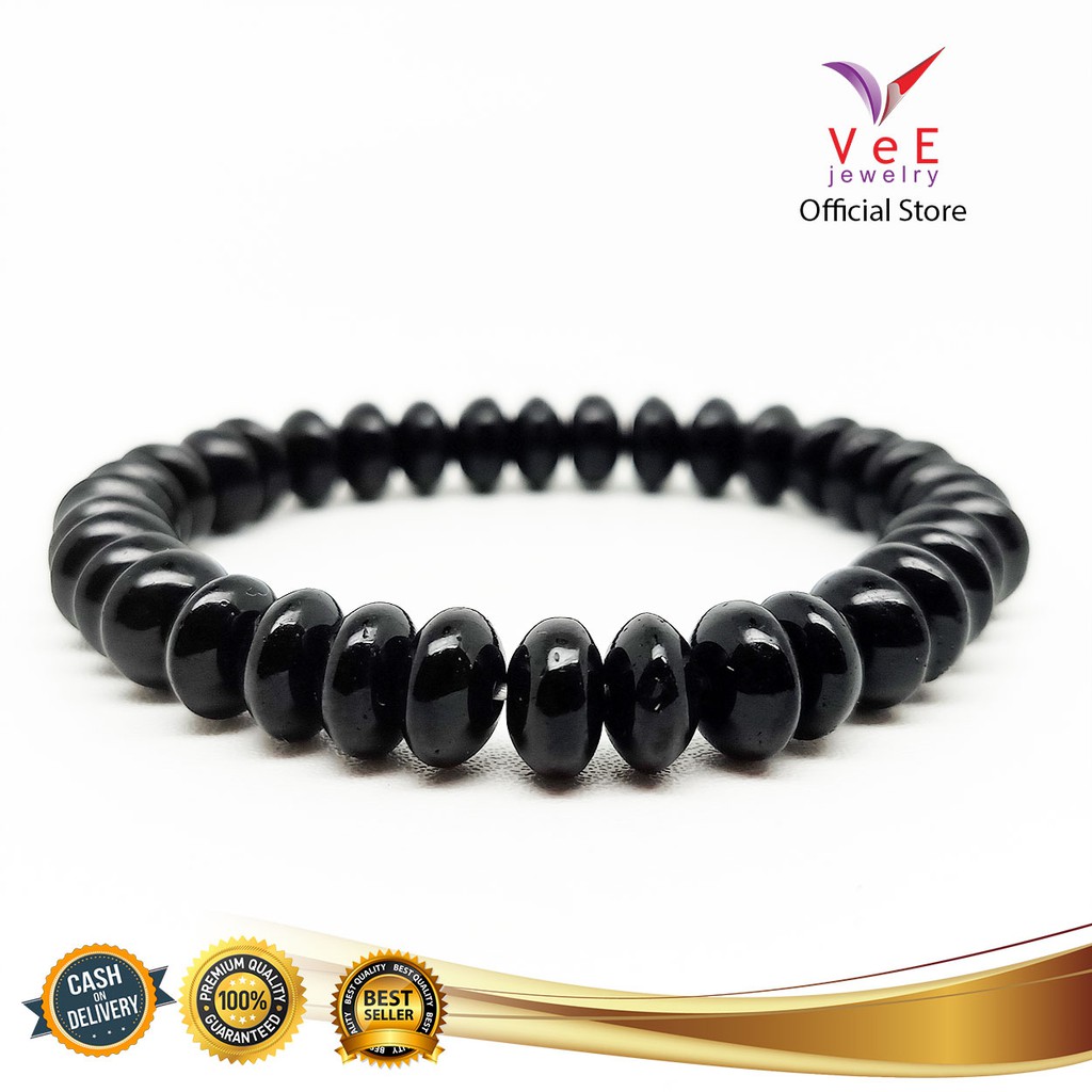 Gelang Batu Giok China Asli Hitam 8x5mm Pipih - VeE Gelang Tali Kesehatan Anti Virus