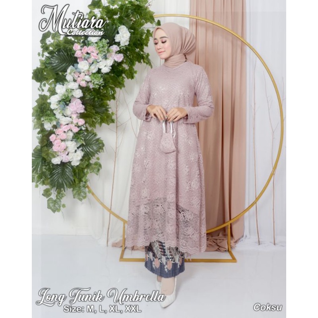 Zaja - Set Kebaya Long Tunik Umbrella Mewah &amp; Anggun One Set Long Tunik Rok Batik Sutra Baju Setelan Kebaya Modern Long Tunik Rok Sutra Setcel Kebaya Rok Batik Cantik