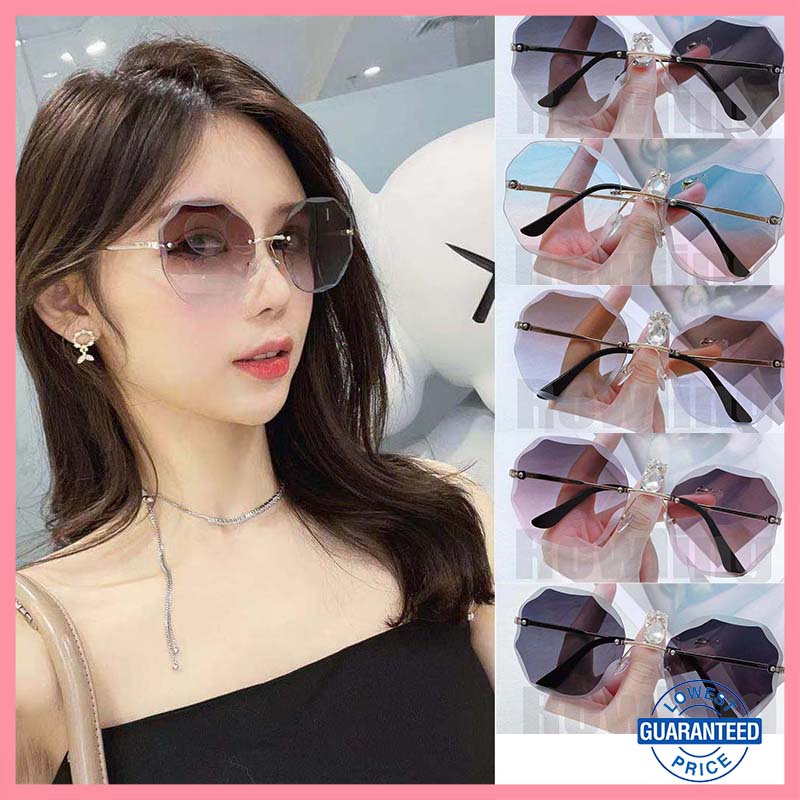 COD [FREE KOTAK+LAP] Kacamata Hitam Korean Gaya Wanita Frameless Kacamata Hitam Bulat Sunglasses Women D719