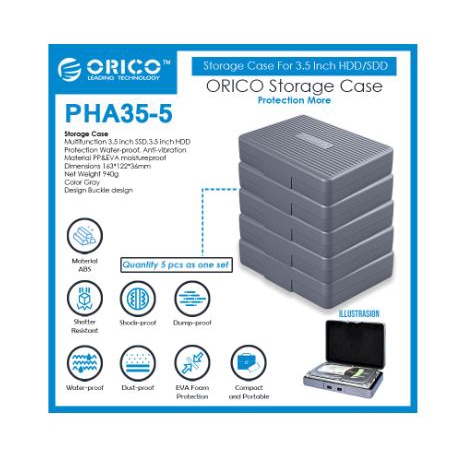 Storage case harddisk hdd protector box orico 3.5&quot; 5 pack PP eva anti shock water dust proof pha35-5 pha-35 - Hardcase hard disk drive 3.5 inch