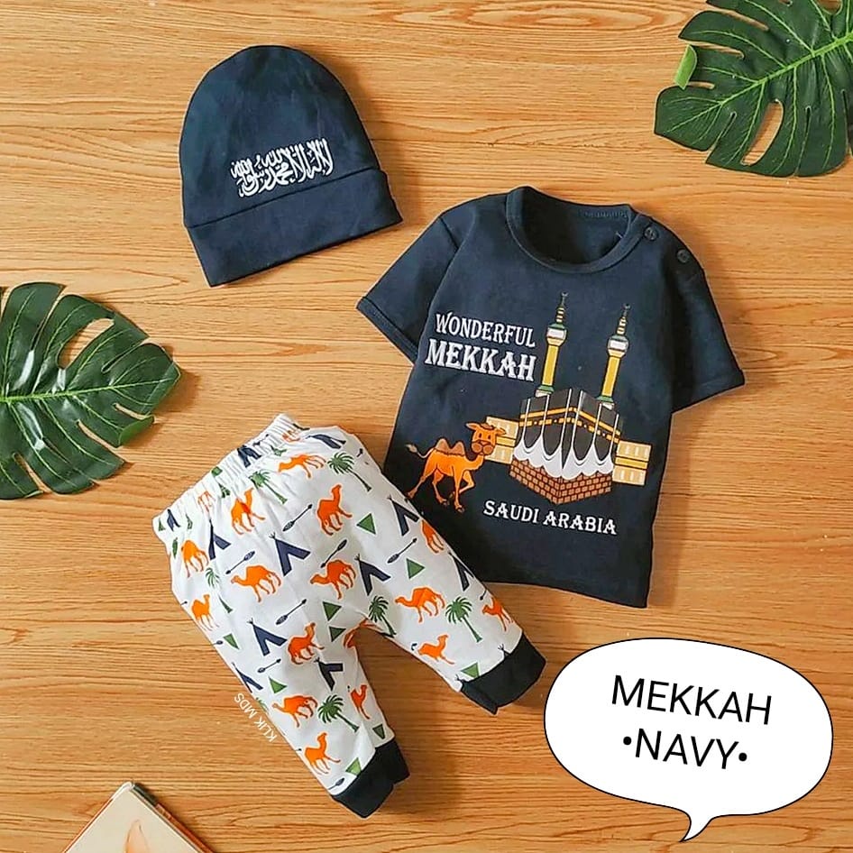 Baju bayi laki-laki setelan anak atasan dan celana karakter Mekkah free topi / 1 Ukuran