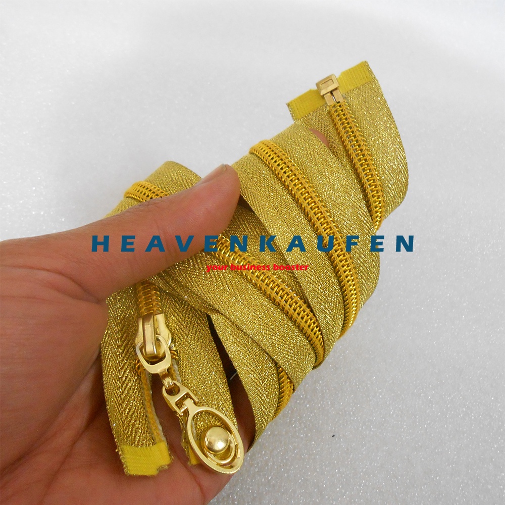 Resleting Zipper Busana Wanita 100 cm / 1 Meter Blink Blink Kerlap Kerlip Type Gigi Coil Warna Gold Emas Open - End