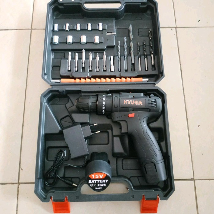 Mesin Bor Tembok Beton Battery 15V Cordless Impact Drill Set Hyuga