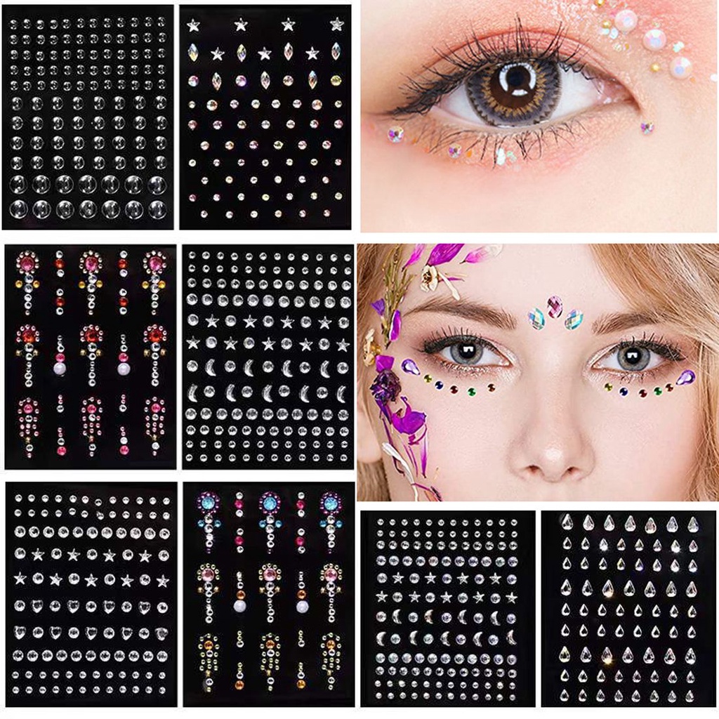 ELEGANT Colorful Face Gel Decal Glitter DIY Nail Art Decorations Rhinestone Stickers Eyes Self-Adhesive Fashion Pearls Beads Crystal Diamond Body Art Jewels Stickers