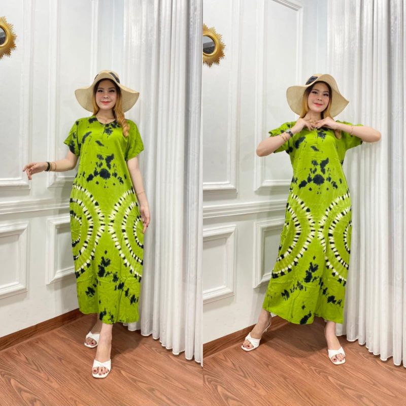 Daster panjang galaran kancing depan busui tali samping motif viral tiedye shibori-SK Cimori Hijau