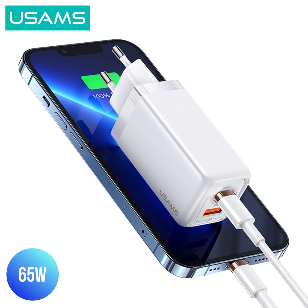 USAMS T47 Adaptor Kepala Charger Super Si Fast Charger Dual Port 65W