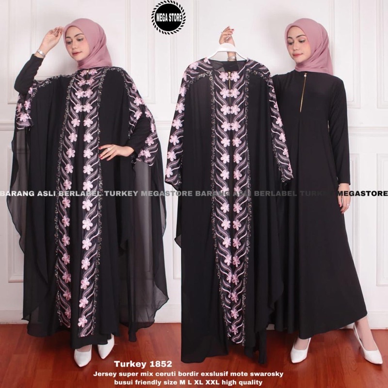 TERBARU TERMURAH 100% ORIGINAL Abaya Turki Hitam Khas Arab Mote Swarovsky Bordir Eksklusif Jersey Su