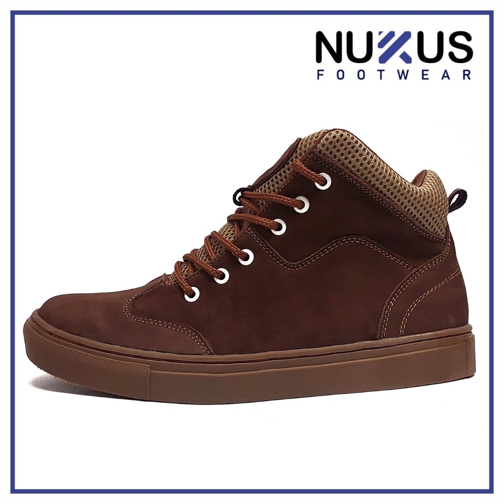 Nukus Footwear Sepatu Boots Pria Hiking Touring High Kulit Sapi Asli Nubuck Coklat Tua - BN01