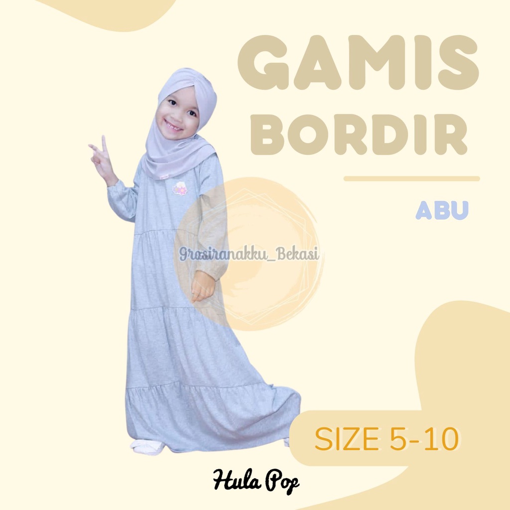 Gamis Kaos Anak Aplikasi Bordir Warna Abu Size 5-10Thn