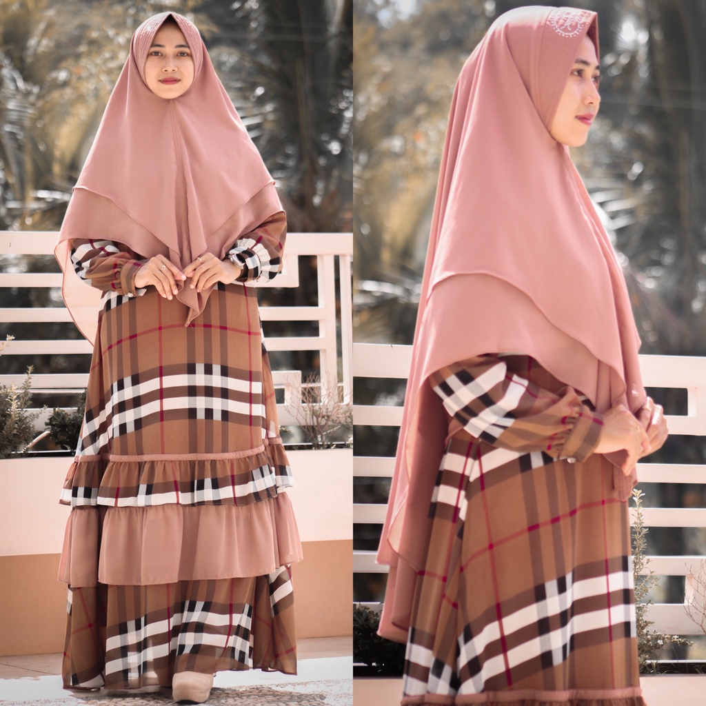 Gamis ceruty babydoll motif kotak set khimar Gamis syari remaja ibu ibu jumbo mewah terbaru