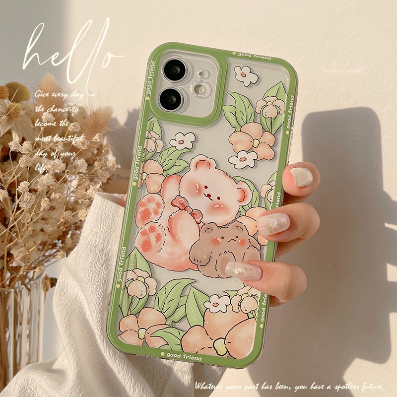 IPHONE Casing Handphone TPU Lembut Motif Beruang Dan Bunga Lucu Untuk Iphone7 8 PLUS X XR Xs11 12 13 14 MINI PRO MAX SE 2020