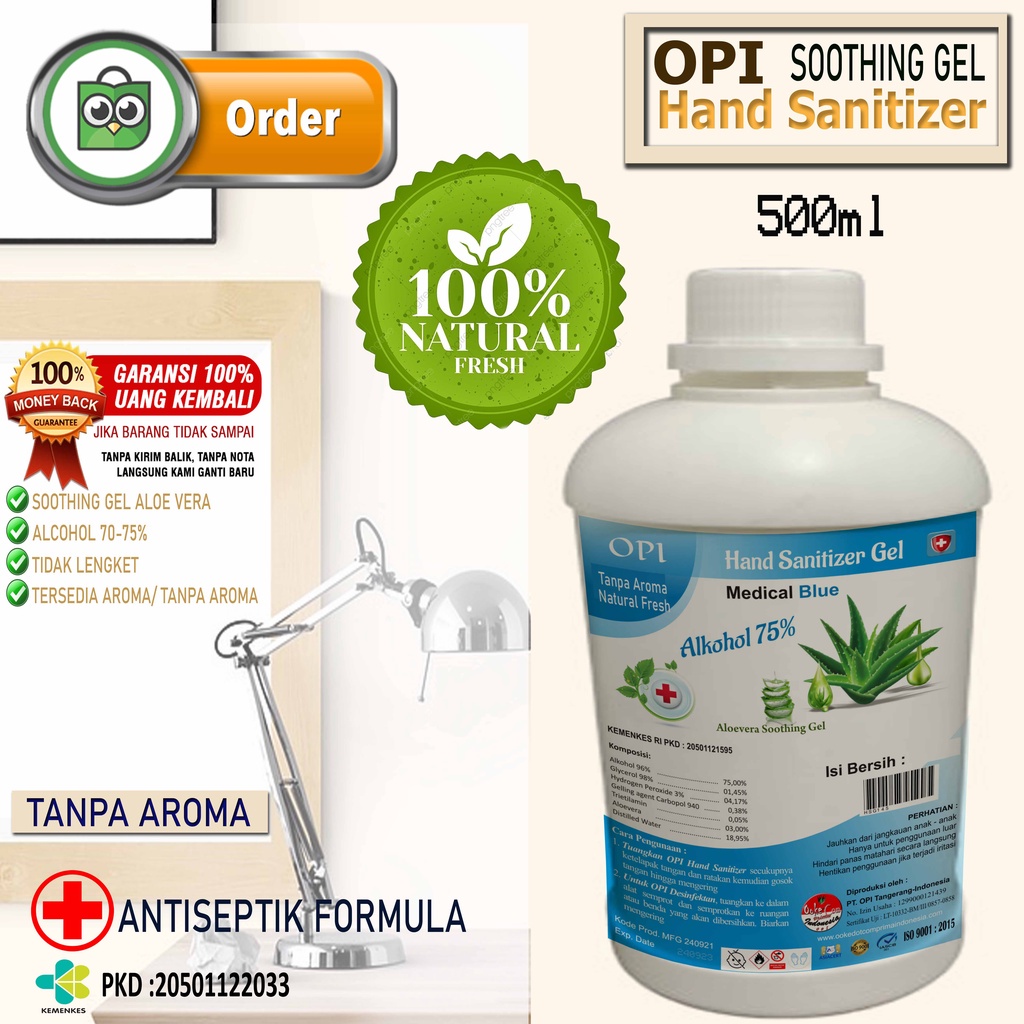 Hand sanitizer curah isi ulang gel 1 liter wangi tanpa wangi (Natural) OPI Medical Gel Aloe Vera Tanpa wangi sudah ada izin edar resmi by Oke sabun suplayer