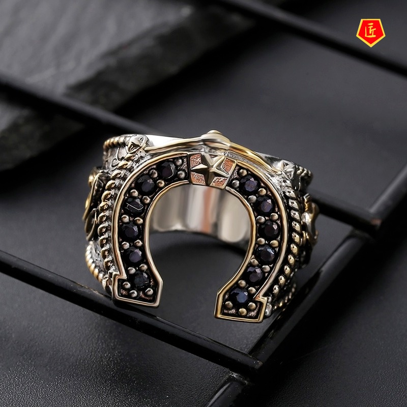 [Ready Stock]Men's Horseshoe Diamond Ring Gold Two-Color