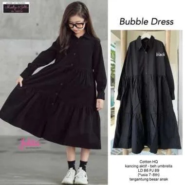 Bubble Dress Baju Atasan Anak Perempuan Midi Dress Katun Rayon  Usia 8-12 th - Hitam