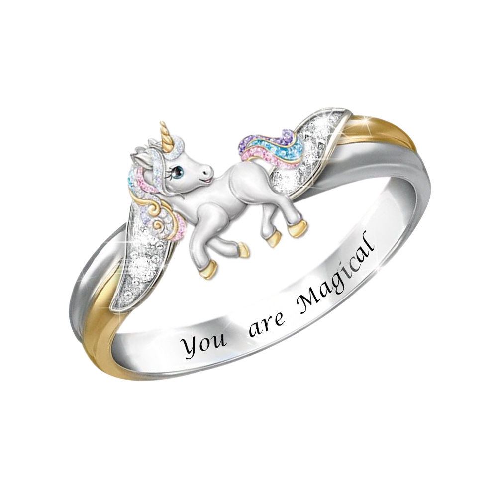 Hu Hu Hu Hu Hu Alat Bantu Pasang Kacamata♡ Cincin Wanita Bahan Alloy Desain Ukiran Tulisan Unicorn Hias Berlian Imitasi Untuk Hadiah