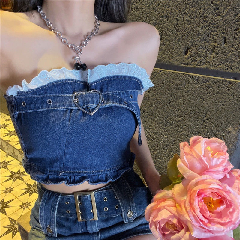 Red wanita mesh denim rompi pakaian luar wanita musim panas desain niche tube top dengan suspender kecil pendek hot girl top women