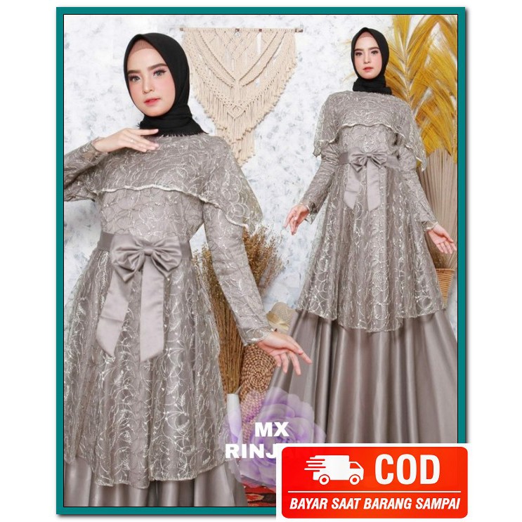 Gamis Pesta Mewah Gamis Satin Pesta Gamis Wanita Terbaru 2021 Kek KF345 Maxi Rinjani Abu Abu [Gamis