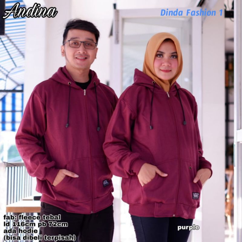 Andina couple jaket hoodie resleting mat fleece tebal ld 116 pj 72 by Dinda