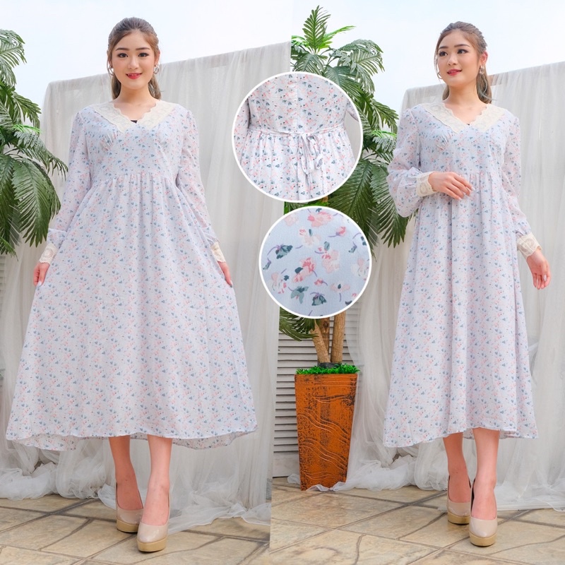 Long Tunic V Neck Retro Flower Casual Dress with Lace Application ( Long Tunik Bunga Korea Sifon )