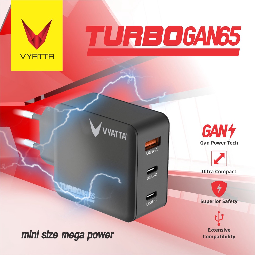 VYATTA TURBO GAN 65W FAST CHARGER PD 2 POWER DELIVERY TYPE C QC FAST CHARGER IPHONE SAMSUNG OPPO MACBOOK