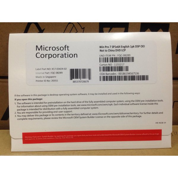 WINDOWS 7 PRO SP1 64BIT OEM RETAIL PACK ORIGINAL