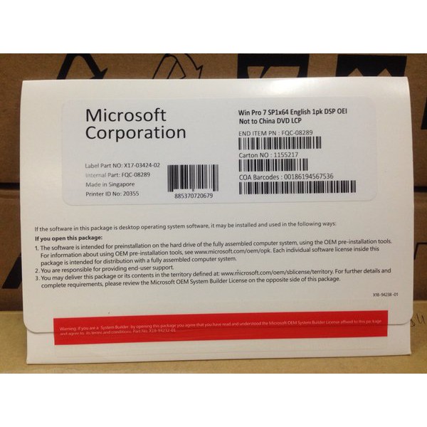 WINDOWS 7 PRO SP1 64BIT OEM RETAIL PACK ORIGINAL